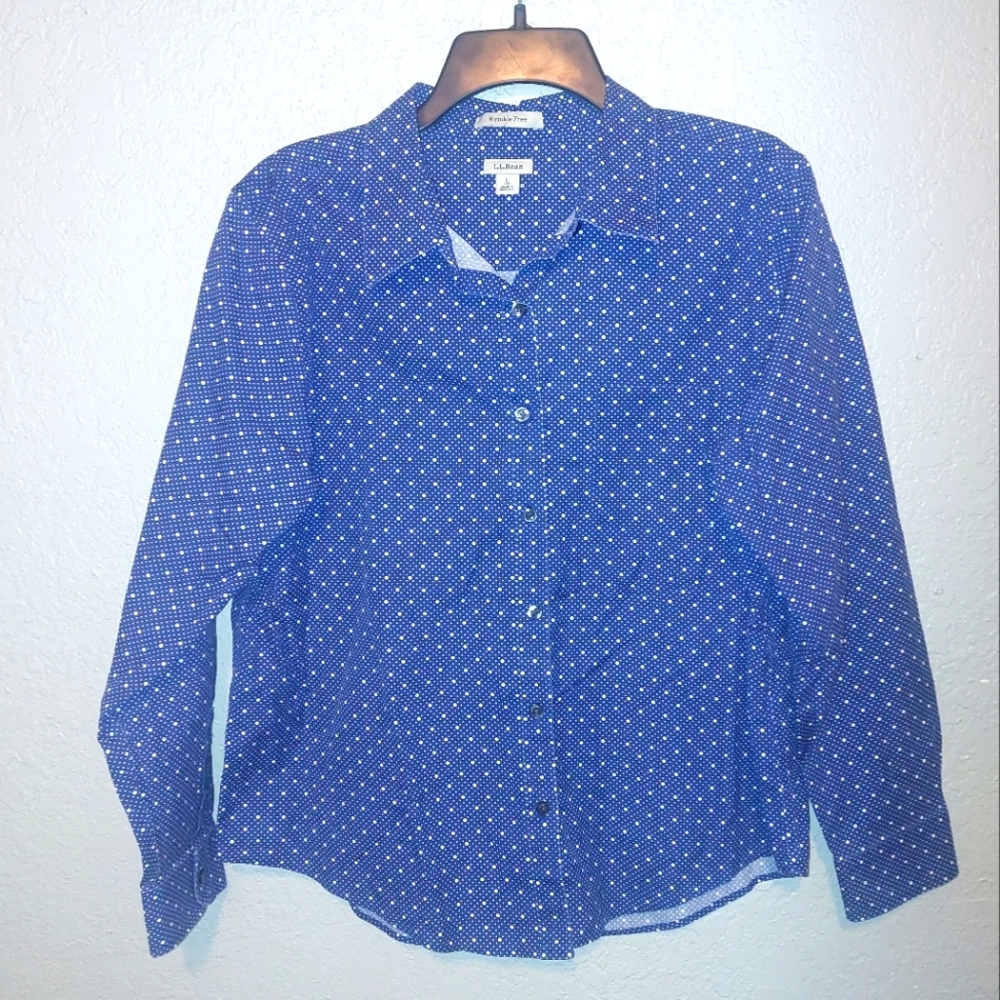 LL Bean Womens Size Large Blue Polka Dot Wrinkle Free Collared Button Down Shirt